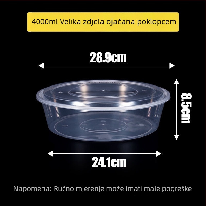 Kružna jednokratna kutija za obrok, prozirna plastična, ojačana poklopcem, za dostavu