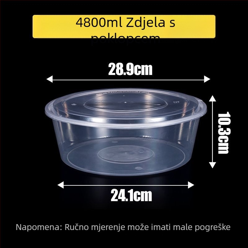 Kružna jednokratna kutija za obrok, prozirna plastična, ojačana poklopcem, za dostavu
