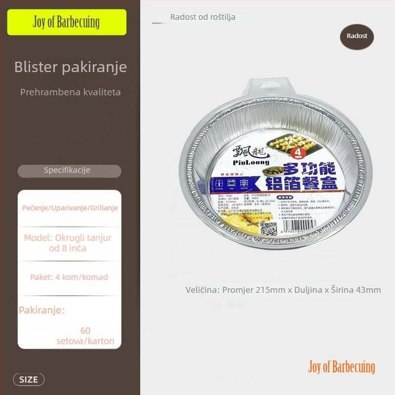 Jednokratni poslužavnik od aluminijske folije, okruglog oblika, otisnut postupkom, 60 komada u pakiranju, za pečenje, roštilj i piknik