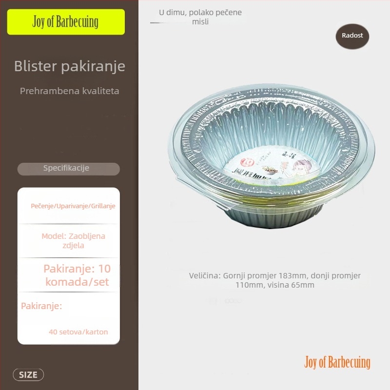 Jednokratni poslužavnik od aluminijske folije, okruglog oblika, otisnut postupkom, 60 komada u pakiranju, za pečenje, roštilj i piknik