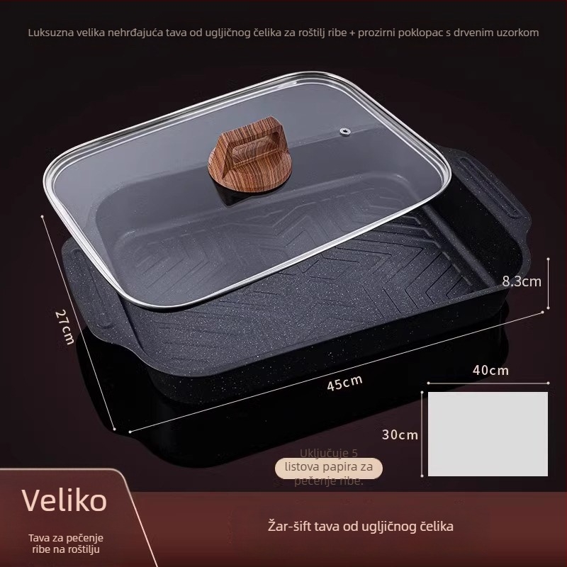 Tava od karbonskog čelika za roštiljanje ribe s keramnim kristalnim premazom, kvadratnog oblika, višefunkcionalna, prvoklasna kvaliteta