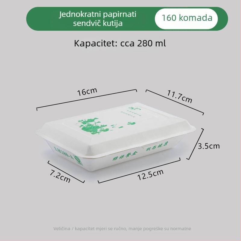 Jednokratna papirnata kutija za obrok, pravokutna, otporna na masnoće, nije pogodna za mikrovalnu