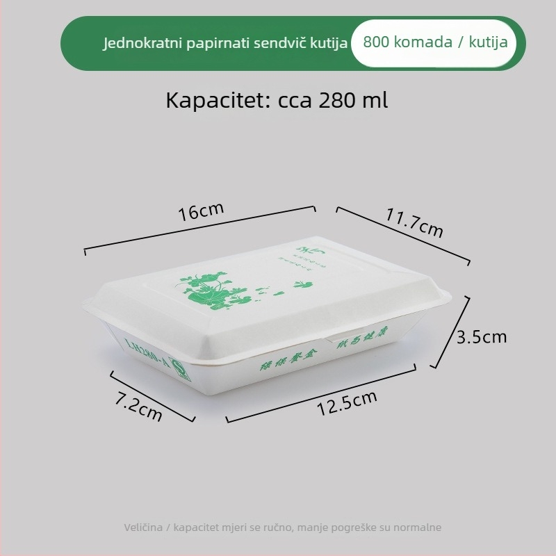 Jednokratna papirnata kutija za obrok, pravokutna, otporna na masnoće, nije pogodna za mikrovalnu