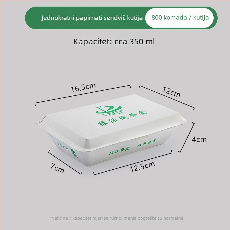 Jednokratna papirnata kutija za obrok, pravokutna, otporna na masnoće, nije pogodna za mikrovalnu