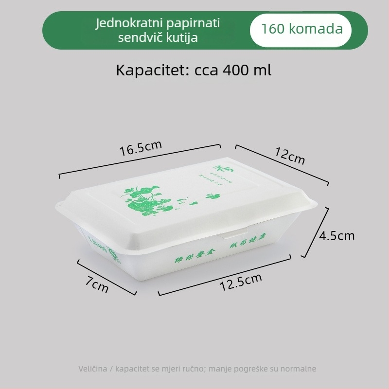 Jednokratna papirnata kutija za obrok, pravokutna, otporna na masnoće, nije pogodna za mikrovalnu