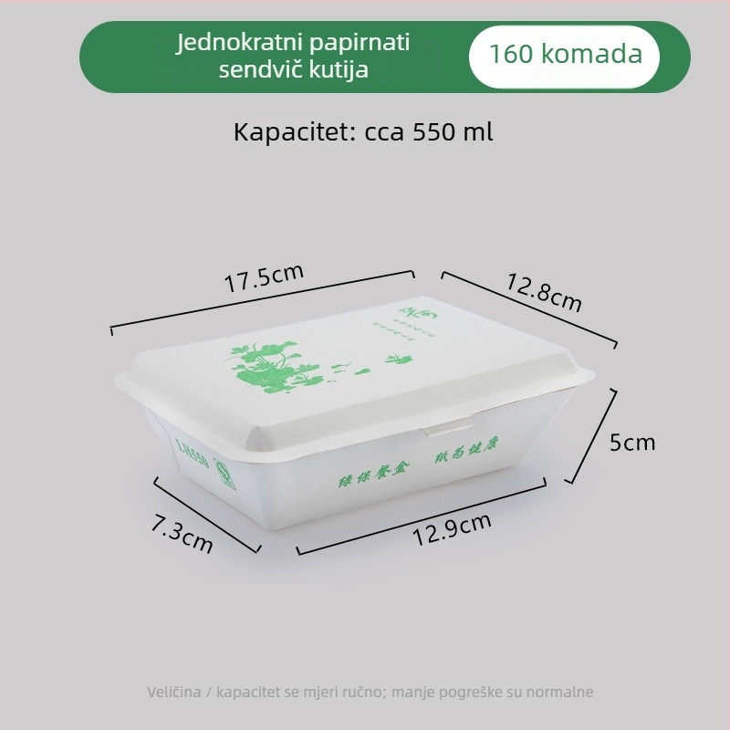Jednokratna papirnata kutija za obrok, pravokutna, otporna na masnoće, nije pogodna za mikrovalnu