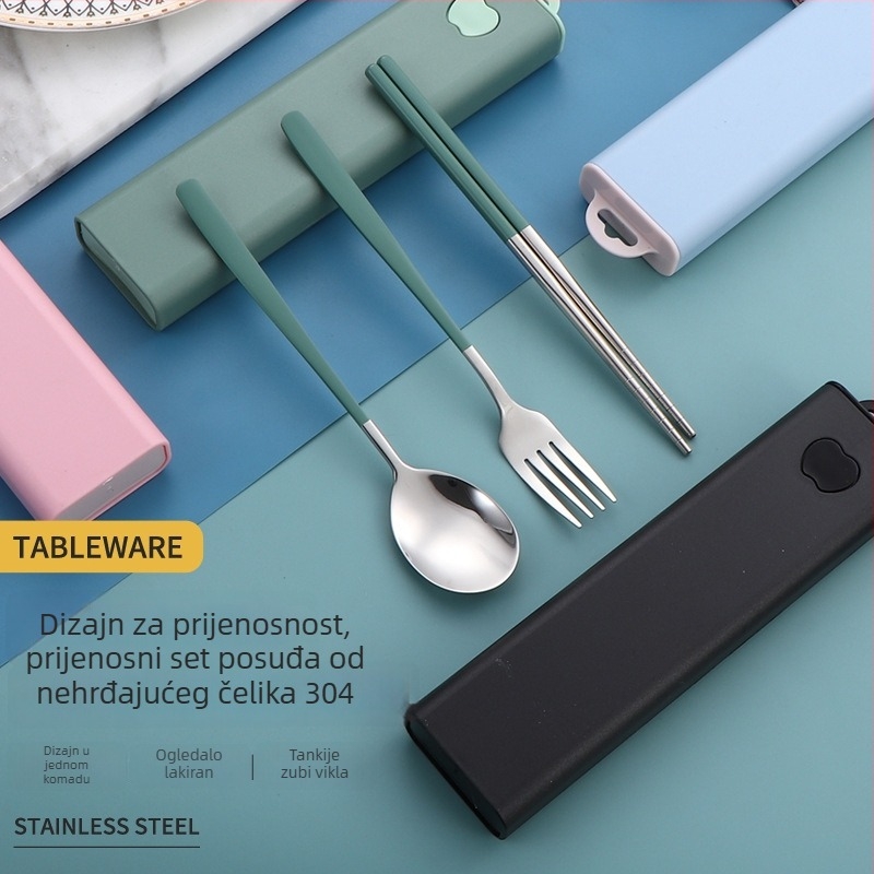 Prijenosni set od 304 nehrđajućeg čelika: žlica, vilica i štapići za jelo, tročlani set za vanjsku upotrebu