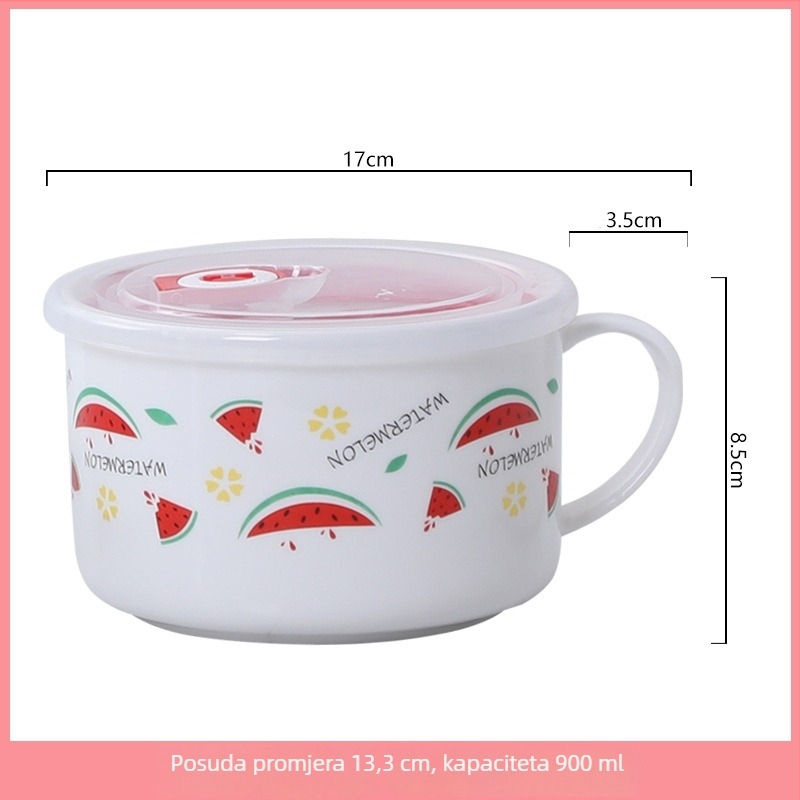 Keramička zdjela za obrok s poklopcem i ručkom, okrugla, mikrovalna kompatibilnost, 800-1000 ml, karikatura dizajn