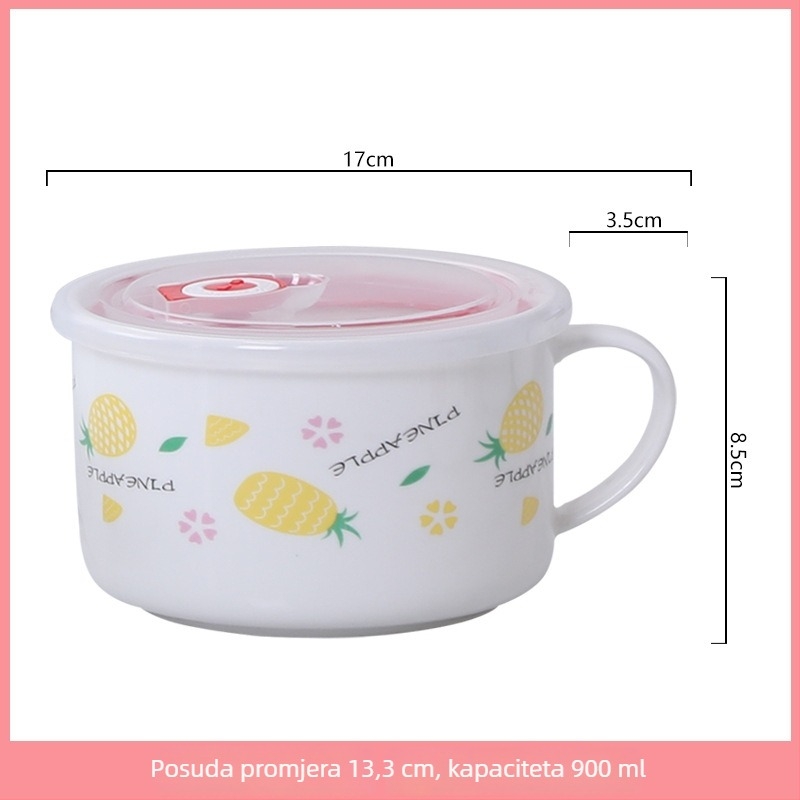 Keramička zdjela za obrok s poklopcem i ručkom, okrugla, mikrovalna kompatibilnost, 800-1000 ml, karikatura dizajn