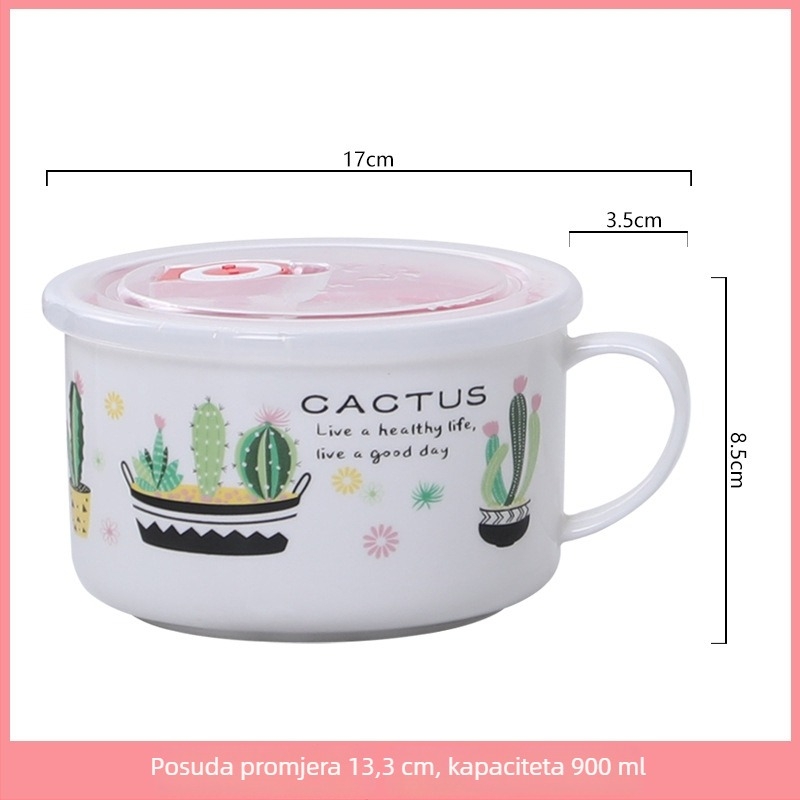 Keramička zdjela za obrok s poklopcem i ručkom, okrugla, mikrovalna kompatibilnost, 800-1000 ml, karikatura dizajn