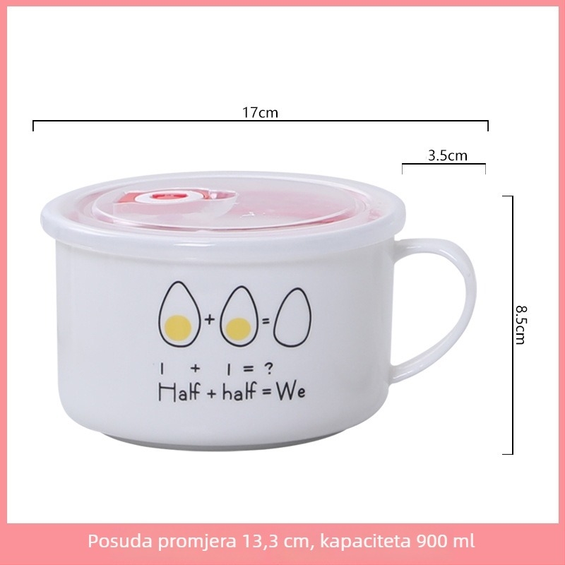 Keramička zdjela za obrok s poklopcem i ručkom, okrugla, mikrovalna kompatibilnost, 800-1000 ml, karikatura dizajn