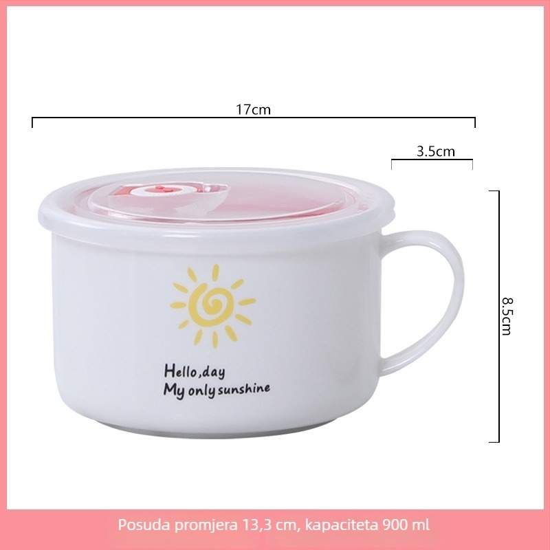 Keramička zdjela za obrok s poklopcem i ručkom, okrugla, mikrovalna kompatibilnost, 800-1000 ml, karikatura dizajn