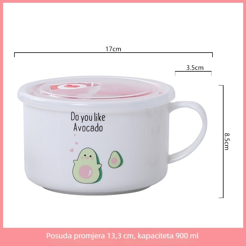 Keramička zdjela za obrok s poklopcem i ručkom, okrugla, mikrovalna kompatibilnost, 800-1000 ml, karikatura dizajn