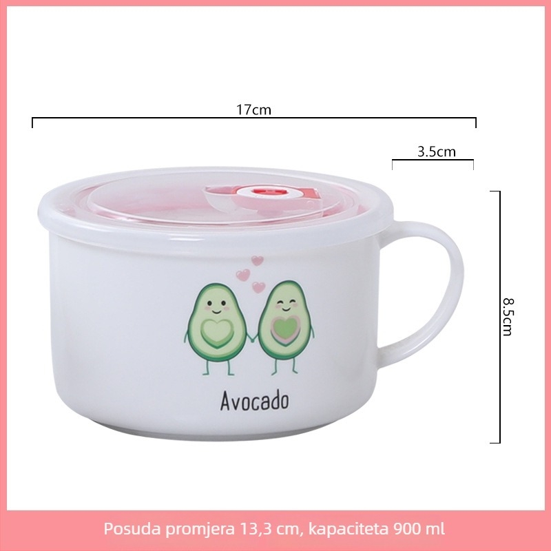 Keramička zdjela za obrok s poklopcem i ručkom, okrugla, mikrovalna kompatibilnost, 800-1000 ml, karikatura dizajn
