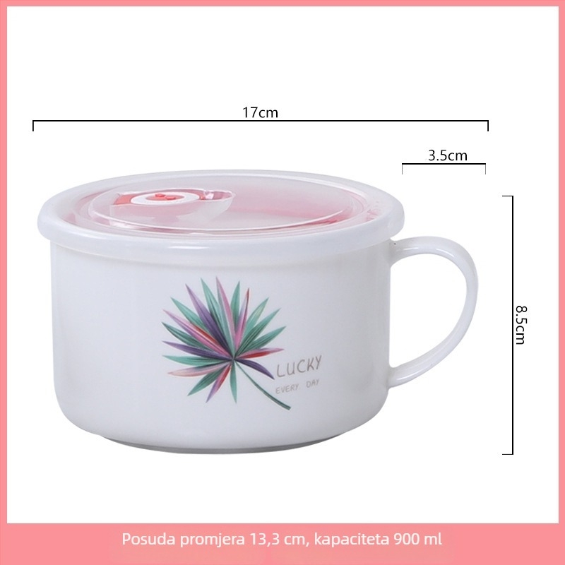 Keramička zdjela za obrok s poklopcem i ručkom, okrugla, mikrovalna kompatibilnost, 800-1000 ml, karikatura dizajn
