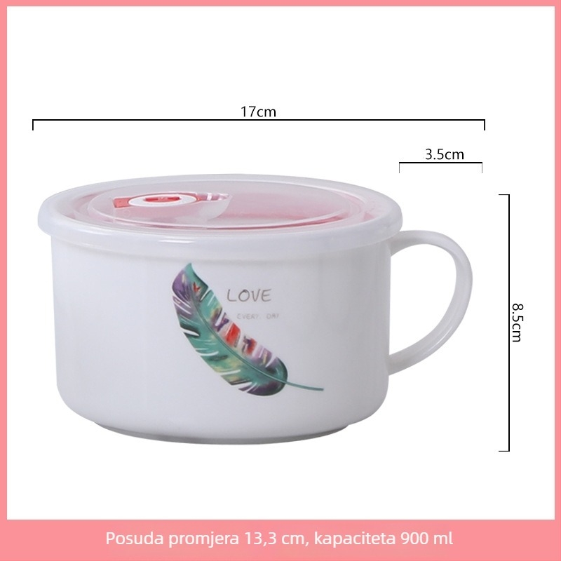 Keramička zdjela za obrok s poklopcem i ručkom, okrugla, mikrovalna kompatibilnost, 800-1000 ml, karikatura dizajn