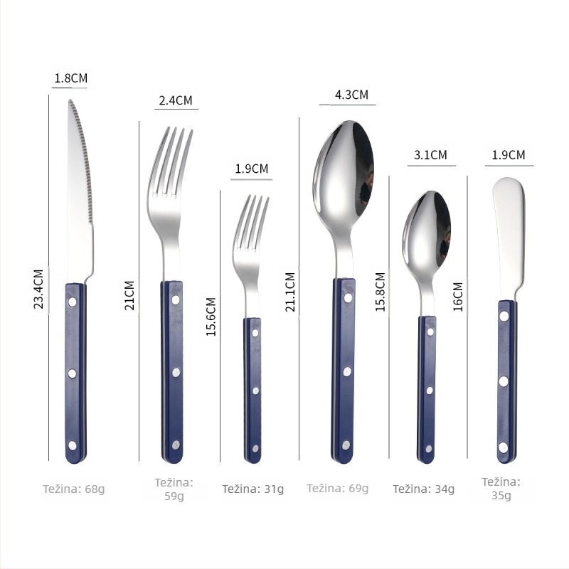 Set pribora od nehrđajućeg čelika 304: nož, vilica i žlica s rivetiranom drškom, moderan i jednostavan stil, ogledni sjaj