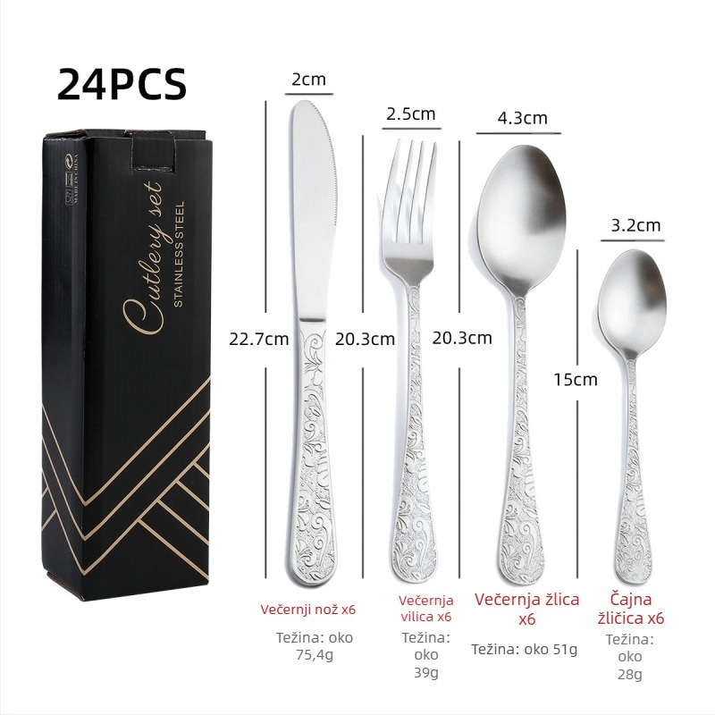 24-dijelni set pribora od nehrđajućeg čelika 410: nože, vilice i žlice, ogledno-polirano, nordijskog stila