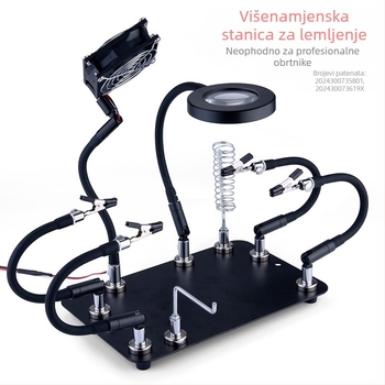 Profesionalna stanica za lemljenje s držačima, električna lemilica, lemna žica, povećalo, stolna lampa, ventilator za isisavanje dima, magnetski set za popravke