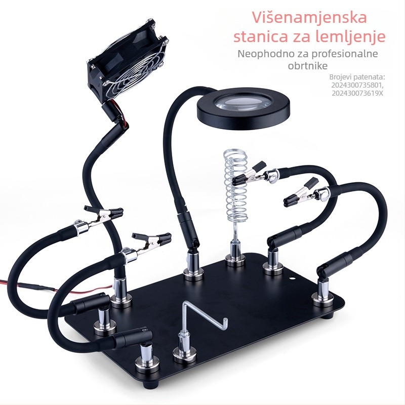 Profesionalna stanica za lemljenje s držačima, električna lemilica, lemna žica, povećalo, stolna lampa, ventilator za isisavanje dima, magnetski set za popravke