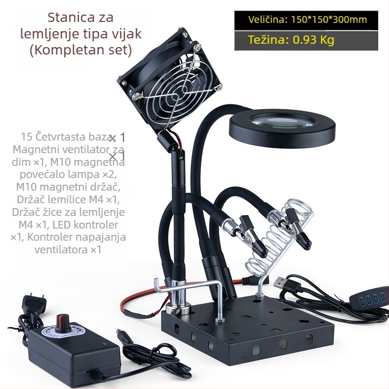 Profesionalna stanica za lemljenje s držačima, električna lemilica, lemna žica, povećalo, stolna lampa, ventilator za isisavanje dima, magnetski set za popravke