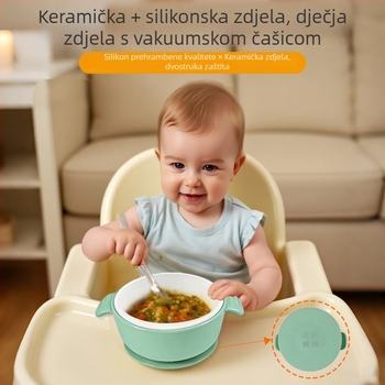2-u-1 keramičko-silikonska dječja zdjela s usisnom čašom, čvrstim silikonskim poklopcem i podijeljenim tanjurićem