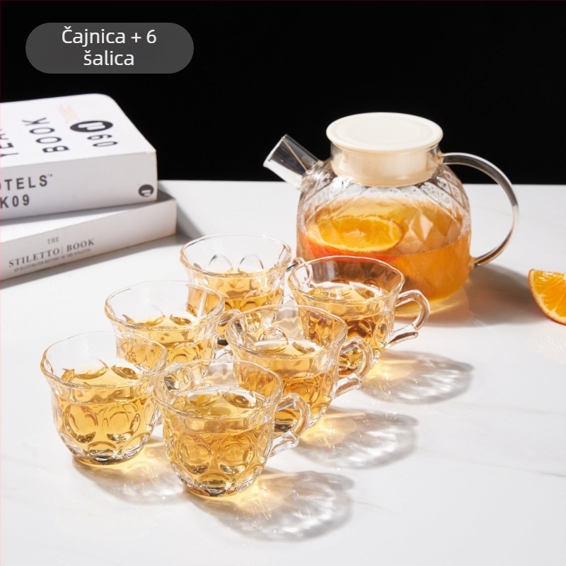 Staklena posuda za vodu s filtrom i set čajnika s šalicama — moderan stil, staklo, velika kapacitet, otporan na visoke temperature