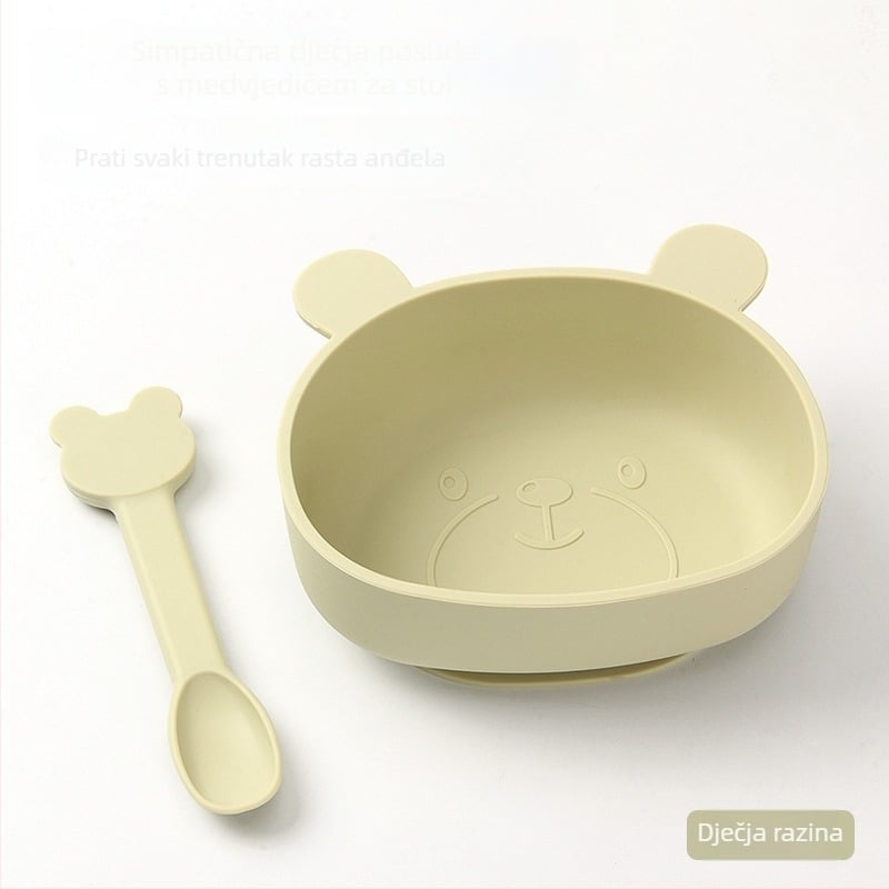 Dječja silikonska zdjela za hranu s kompletnim priborom (vilica i žlica) — okrugla, otporna na mikrovalnu, za djecu