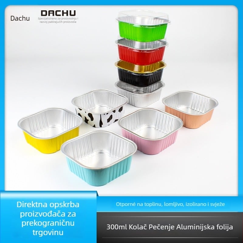 Jednokratna kutija za hranu od aluminijske folije, kvadratnog oblika, kapacitet 300 ml, mogućnost prilagođenog logotipa, 1000 komada u kartonu