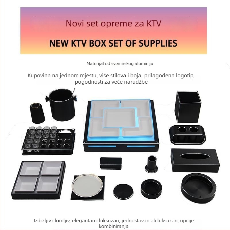 KTV metalni stolni set: nosač za mikrofon, kutija za maramice, pepeljara i osvijetljeni nosač za pladanj voća