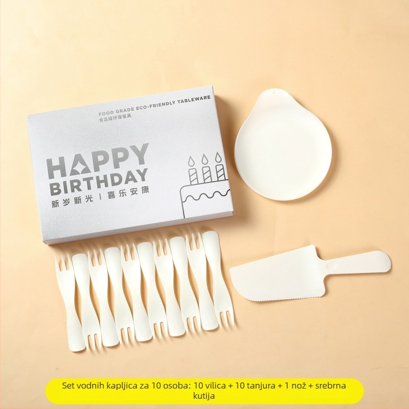 Jednokratni plastični set za rođendansku proslavu s okruglim tanjurima i priborom, 100 komada.