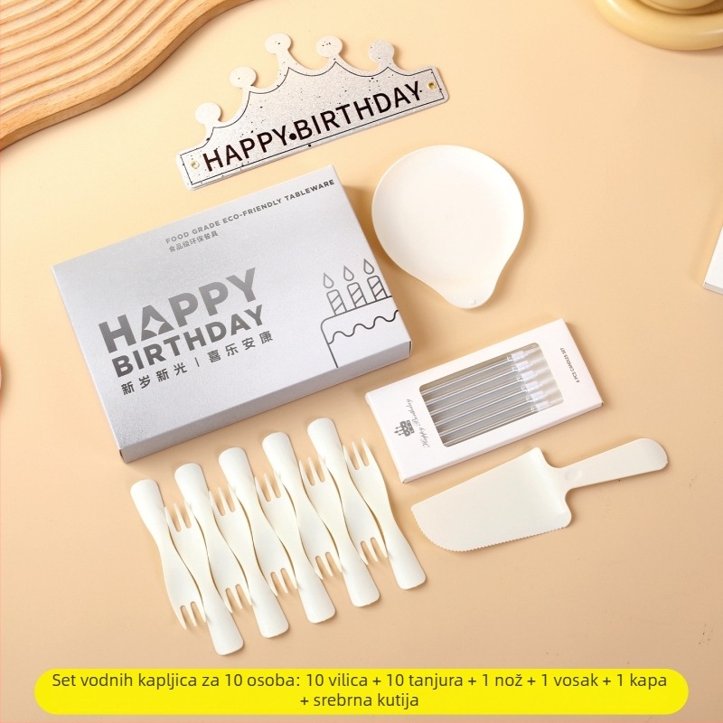 Jednokratni plastični set za rođendansku proslavu s okruglim tanjurima i priborom, 100 komada.