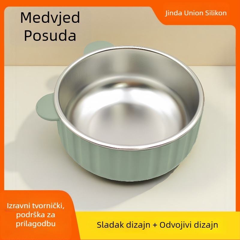Silikonska zdjela za djecu za jelo s odvojivim unutarnjim slojem protiv opeklina (keramički ili nehrđajući čelik), pakiranje 2 komada, od 6 mjeseci