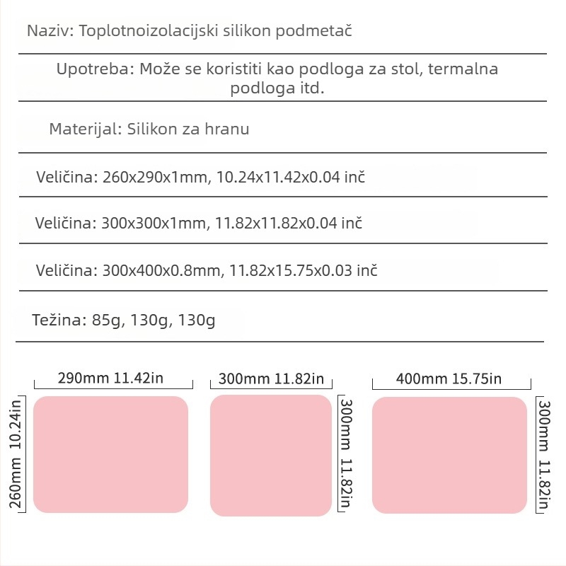 Silikonski podmetač za stol, prehrambena kvaliteta, toplinska izolacija, kvadratnog oblika, mogućnost ispisa uzorka