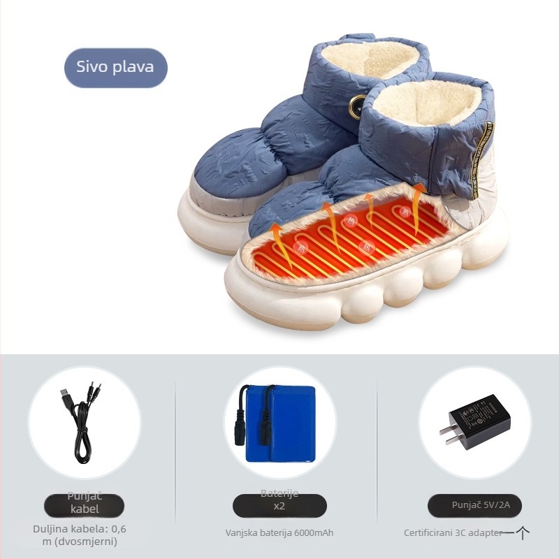 Xiangfutang Unisex grijane visoke papuče, gornji dio od down materijala, EVA potplat, USB napajanje