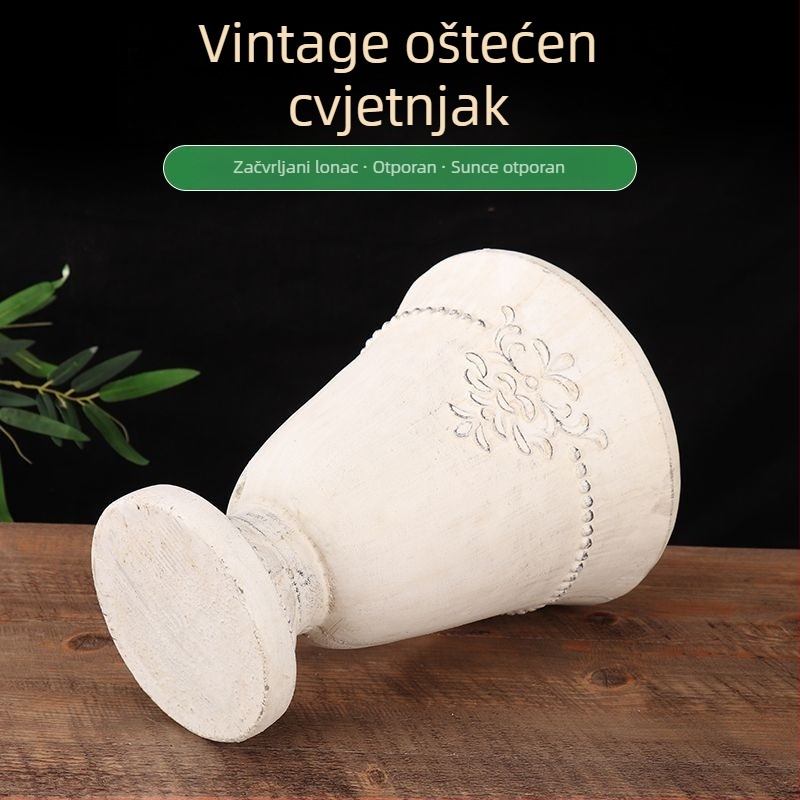 Saksija od cementa, ručna izrada, vintage stil, stoji na podu, za kućno vrtlarenje