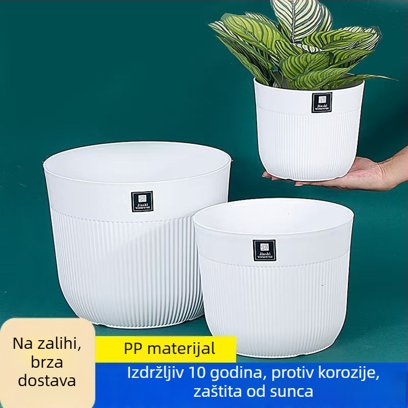 Minimalistička bijela saksija od smole sa uskim vertikalnim prugama, velikog promjera, prozračna, za unutarnje biljke, pogodna za dnevni boravak, s UV zaštitom