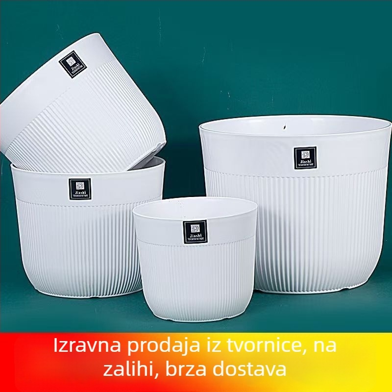 Minimalistička bijela saksija od smole sa uskim vertikalnim prugama, velikog promjera, prozračna, za unutarnje biljke, pogodna za dnevni boravak, s UV zaštitom
