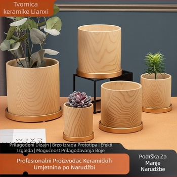 Ceramicna posuda za cvijeće s drveno-kamenskim uzorkom, lakirana površina, s pladnjem, za stolnu ili podnu upotrebu