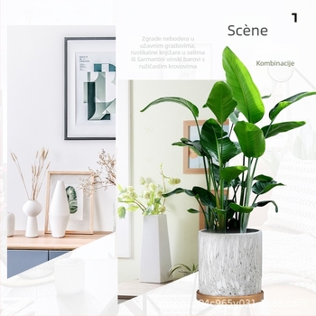 Ceramicna posuda za cvijeće s drveno-kamenskim uzorkom, lakirana površina, s pladnjem, za stolnu ili podnu upotrebu