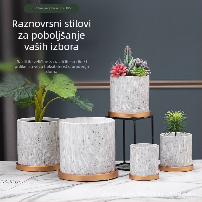 Ceramicna posuda za cvijeće s drveno-kamenskim uzorkom, lakirana površina, s pladnjem, za stolnu ili podnu upotrebu