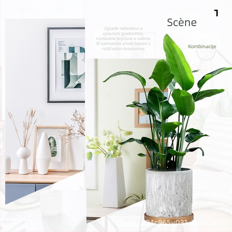 Ceramicna posuda za cvijeće s drveno-kamenskim uzorkom, lakirana površina, s pladnjem, za stolnu ili podnu upotrebu