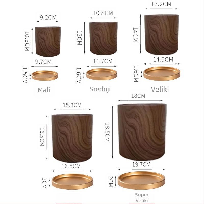 Ceramicna posuda za cvijeće s drveno-kamenskim uzorkom, lakirana površina, s pladnjem, za stolnu ili podnu upotrebu