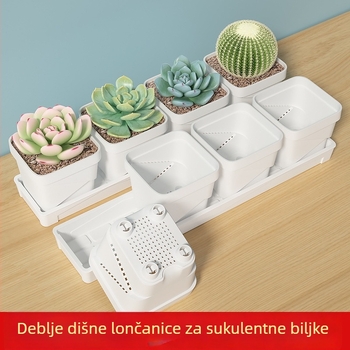 Kvadratna plastična posuda za cvijeće, prozračna i izdržljiva, za stolnu upotrebu, izrađena injekcijskim oblikovanjem.