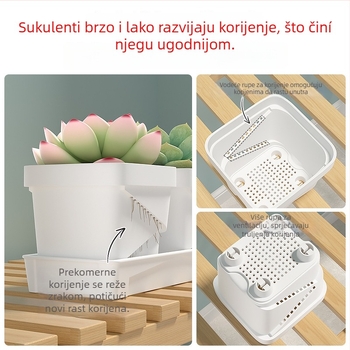 Kvadratna plastična posuda za cvijeće, prozračna i izdržljiva, za stolnu upotrebu, izrađena injekcijskim oblikovanjem.