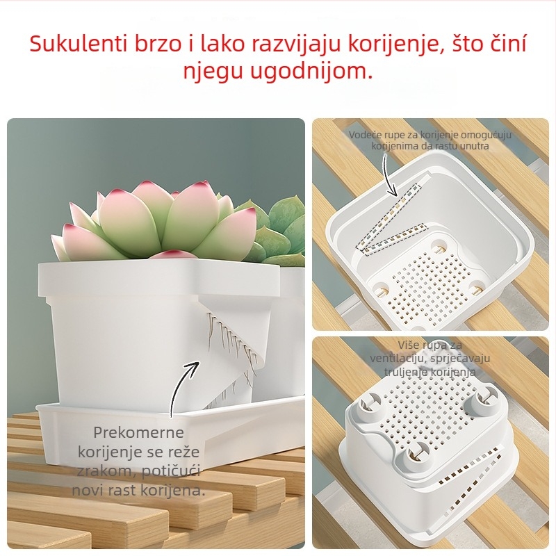 Kvadratna plastična posuda za cvijeće, prozračna i izdržljiva, za stolnu upotrebu, izrađena injekcijskim oblikovanjem.