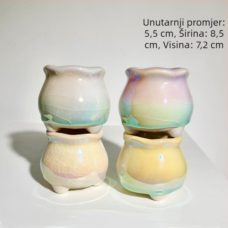 Keramička posuda za sukulente s elektroplatiranim završetkom, pogodna za stolnu i podnu uporabu; materijal keramika; izrada: pečenje u pećnici i elektroplating; pogodno za ured i kućnu vrtlarenje.