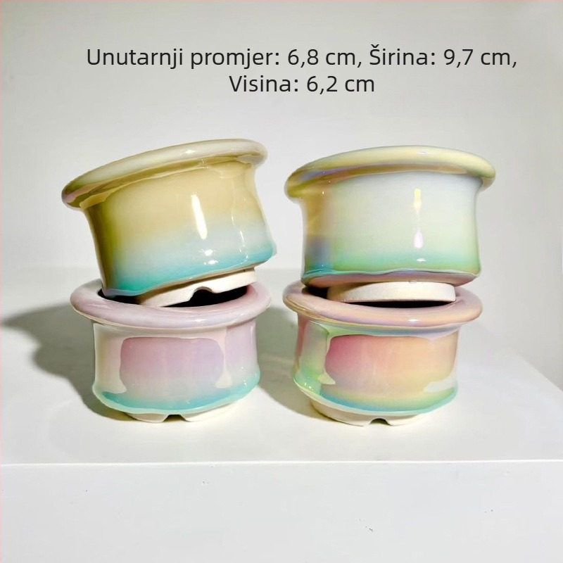 Keramička posuda za sukulente s elektroplatiranim završetkom, pogodna za stolnu i podnu uporabu; materijal keramika; izrada: pečenje u pećnici i elektroplating; pogodno za ured i kućnu vrtlarenje.