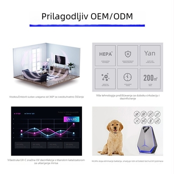 Pročišćivač zraka s dezinfekcijom za kućnu upotrebu – negativni ioni, UV i ozon; pokrivenost 61 m²+, protok zraka 50 m³/h; dodirni zaslon; stolni minimalistički dizajn