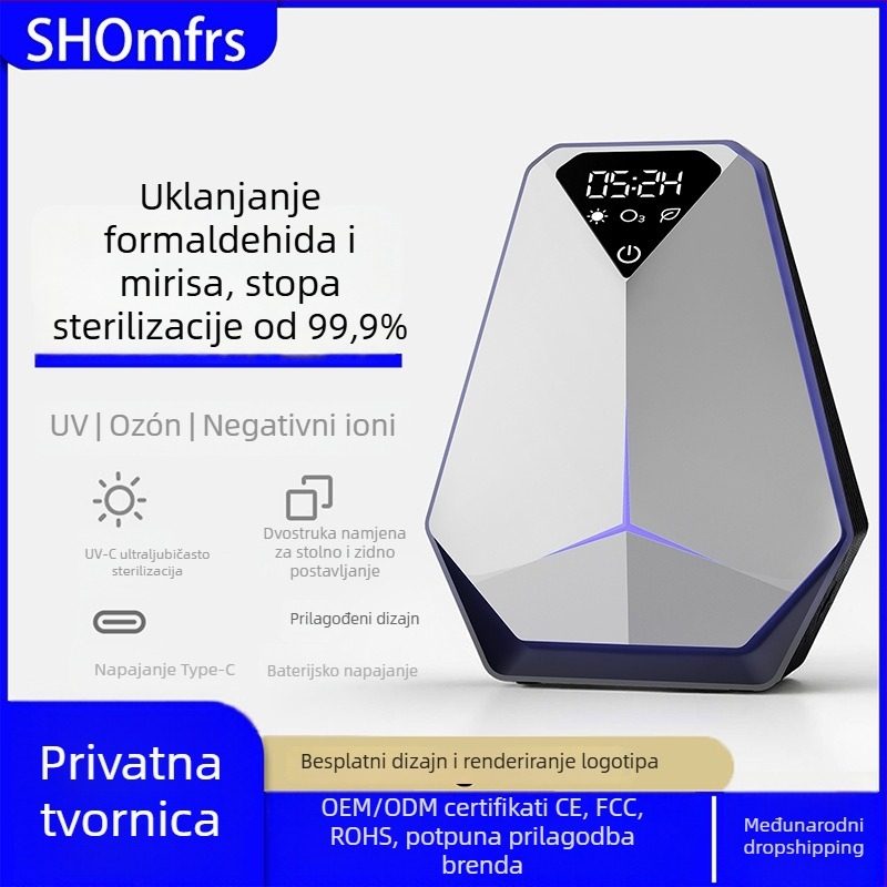Pročišćivač zraka s dezinfekcijom za kućnu upotrebu – negativni ioni, UV i ozon; pokrivenost 61 m²+, protok zraka 50 m³/h; dodirni zaslon; stolni minimalistički dizajn